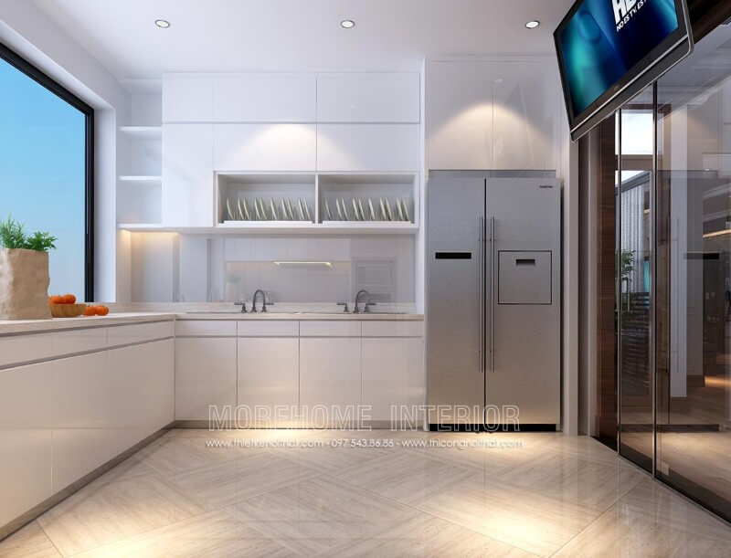 Tủ bếp chữ L hiện đại được thiết kế âm tường giúp tiết kiệm tối đa diện tích cho không gian nhà nhỏ Tủ bếp hiện đại