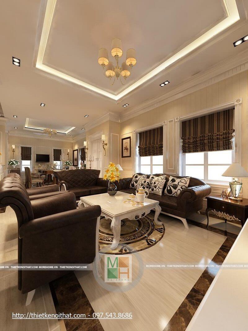 Mẫu sofa tân cổ điển bọc da màu nâu trầm tạo điểm nhấn cho thiết kế phòng khách sang trọng Mẫu nội thất biệt thự tân cổ điển