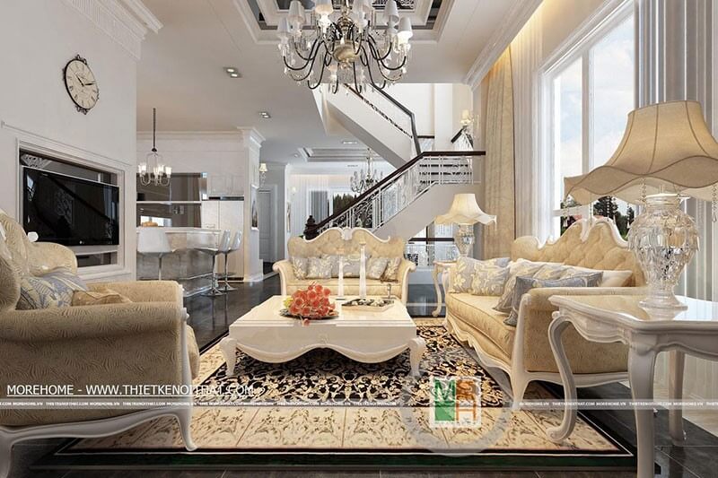 Mẫu sofa phòng khách tone màu vàng với họa tiết tân cổ điển, cùng đường cong ở thân ghế tinh tế là điểm nhấn cho không gian phòng khách Mẫu nội thất biệt thự tân cổ điển