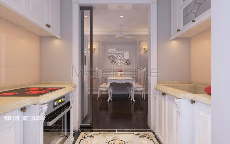 Nội thất phòng ăn chung cư được thiết kế liền kề với không gian bếp giúp cho gia chủ dễ dàng thuận tiện hơn trong quá trình dùng bữa. Thiết kế chung cư