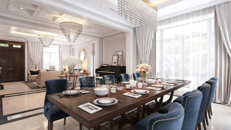 Thiết kế phòng ăn liền phòng khách đẹp, sang trọng ấn tượng với sắc xanh nổi bật từ bộ bàn ghế cùng lối thiết kế nội thất tân cổ điển quý phái. Mẫu nội thất biệt thự đẹp