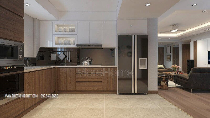 Tủ bếp dưới sử dụng chất liệu gỗ công nghiệp dán Veneer, tủ bếp trên được sử dụng với chất liệu gỗ công nghiệp phủ bề mặt acrylic tiện nghi, đa năng Thiết kế và sản xuất tủ bếp đẹp