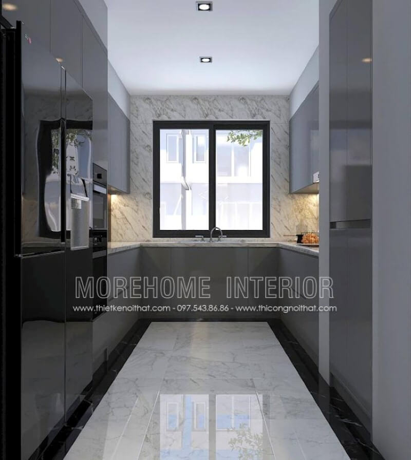 Với không gian bếp không được lớn, bạn nên thiết kế nội thất với tủ bếp hình chữ U hiện đại gỗ acrylic trong đây với một bên bố trí tủ lạnh, lò vi sóng, lò nướng một bên là bếp từ nấu và tủ bếp đựng bát đĩa, xoong nồi cần thiết và ở giữa là chậu rửa là một trong những gợi ý giúp không gian bếp được phát huy tối đa công năng. Tủ bếp hiện đại đẹp