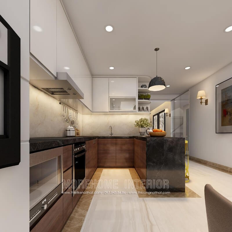 Thiết kế tủ bếp chung cư hiện đại, kết hợp bản đảo tạo sự tiện nghi cho người nội trợ trong quá trình dùng bữa Tủ bếp hiện đại đẹp