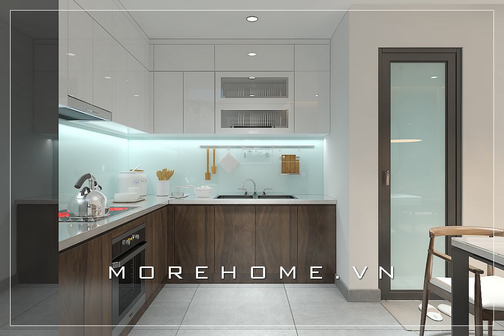 Mẫu tủ bếp gỗ công nghiệp cữ L hiện đại, tone màu nâu của gỗ tạo nên không gian ấm cúng, thiết bị bếp đầu đủ tạo không gian tiện nghi cho người nội trợ Tủ bếp