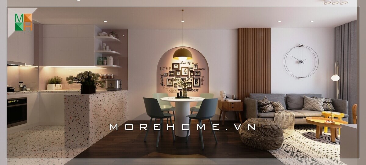 Thiết kế bố cục phòng khách chung cư đơn giản liền phòng ăn và bếp mang đến sự liền mạch, tiện lợi mang phong cách hiện đại. Thiết kế chung cư