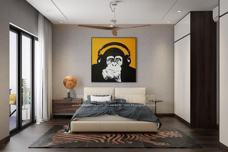 Thảm trải sàn hình vằn độc đáo cho phòng ngủ hiện đại. Thiết kế nội thất phòng ngủ biệt thự