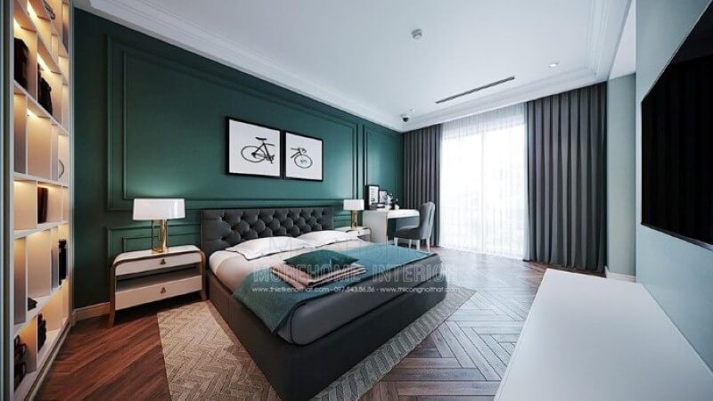 Giường ngủ, tab đầu giường màu trắng cao cấp kiểu dáng sang trọng tạo nét đẹp ấn tượng cuốn hút cho phòng ngủ đương đại. Thiết kế nội thất phòng ngủ biệt thự