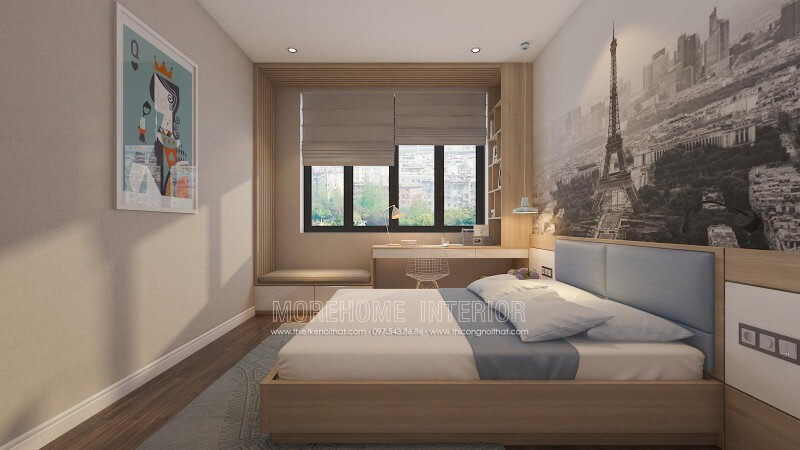 Cửa sổ lớn cùng rèm chắn sẽ là ý tưởng tuyệt vời để tạo nên không gian thông thoáng cho phòng ngủ hiện đại và góc học tập hay bàn làm việc. Thiết kế nội thất phòng ngủ biệt thự