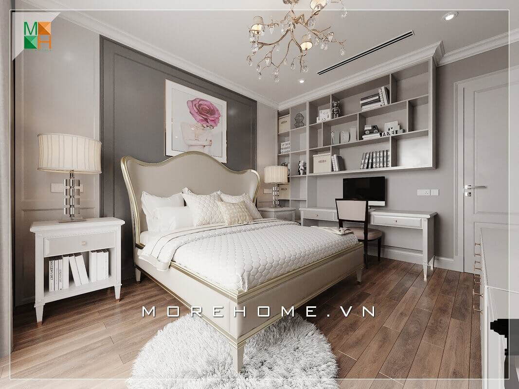 Mẫu phòng ngủ mang phong cách tân đổ điển, thiết kế màu trắng nâu chủ đạo. Tone màu trung tính thường mang lại cảm giác dễ chịu và thoải mái cho gia chủ. Mẫu nội thất biệt thự tân cổ điển, hiện đại đẹp