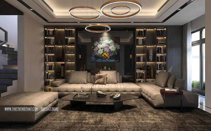 Bộ sofa da cao cấp tone nâu sang trọng, ấm áp với các nút thắt tỉ mỉ tinh tế xứng đáng là trung tâm nội thất phòng khách biệt thự, nhà phố. Mẫu thiết kế nội thất biệt thự đẹp