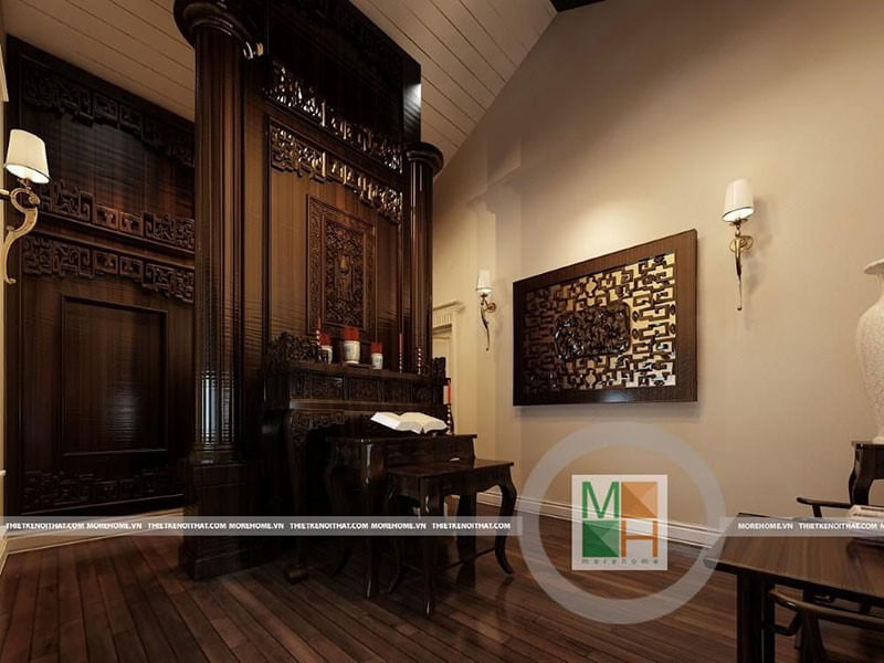 Không gian phòng thờ với nội thất gỗ tự nhiên màu trầm sang trọng tạo không gian yên tĩnh và linh thiêng nhất Mẫu thiết kế nội thất biệt thự đẹp