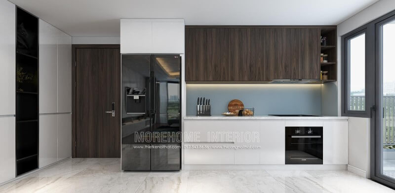 Sự kết hợp hoàn mỹ của 2 tone màu nêu trầm của gỗ Veneer óc chó và màu trắng của gỗ Acrylic đem lại không gian đầy tinh tế và mới lạ cho không gian nội trợ của gia chủ Tủ bếp đẹp, sang trọng và đẳng cấp