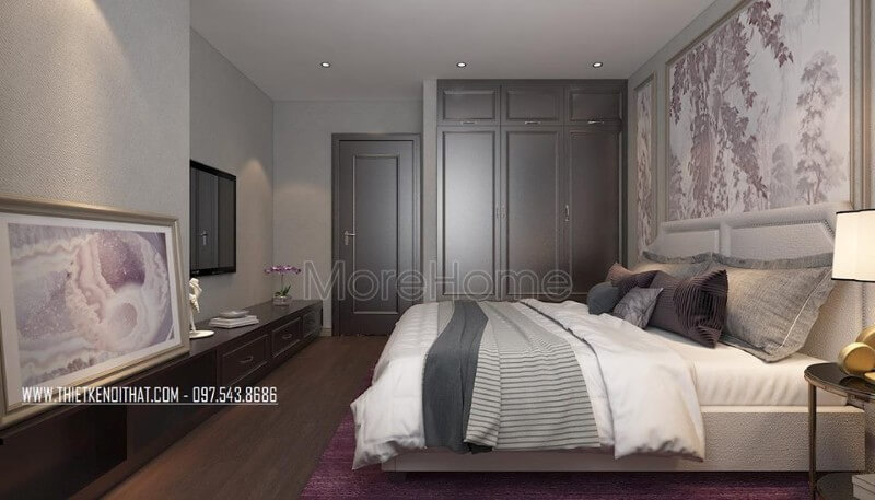 Giường ngủ gỗ tự nhiên có táp đầu giường bằng nỉ cao cấp, gam màu vẫn là gam màu lạnh chủ đạo của căn hộ, mảng tường đầu giường được ốp gỗ và trang trí một mẫu decor độc lạ thu hút. Thiết kế chung cư