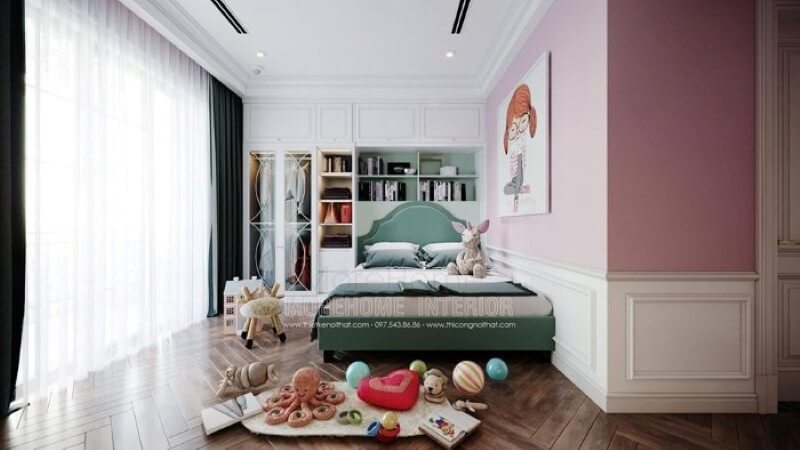 Giường ngủ bọc nệm màu xanh đẹp đáng yêu cho phòng bé gái. Thiết kế chung cư