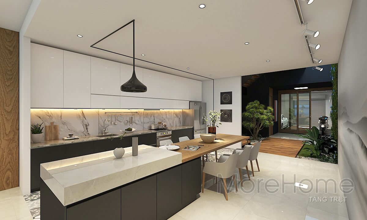 Hệ thống tủ bếp hiện đại với tông màu đối lập giúp giảm bớt được ánh sáng cho căn phòng Thiết kế phòng bếp, tủ bếp đẹp