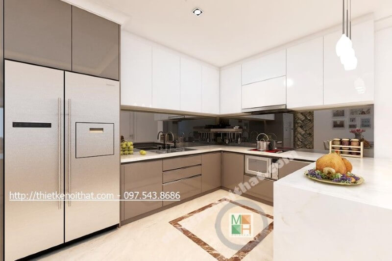 Tủ bếp hiện đại được thiết kế theo kiểu dáng chữ u đầy mới lạ, các ngăn tủ được phân chia một cách khoa học giúp cho người nội trợ dễ dàng tạo cảm hứng hơn trong quá trình nấu nướng Tủ bếp đẹp