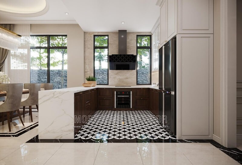 Đá ốp bếp tự nhiên cao cấp với đường vân mây độc đáo tạo vẻ đẹp sang trọng cho không gian bếp đương đại. Đá ốp bếp biệt thự