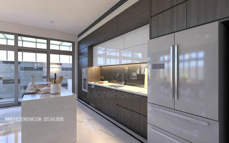 Bàn đảo đá Lg trắng cao cấp lựa chọn ấn tượng cho không gian bếp hiện đại, sang trọng. Đá ốp bếp biệt thự