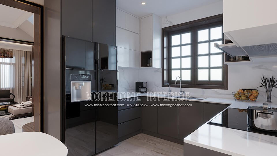 Nội thất tủ bếp bằng gỗ công nghiệp thiết kế đơn giản với tông màu mâu trắng nhẹ nhàng Thiết kế tủ bếp nhà phố sang trọng