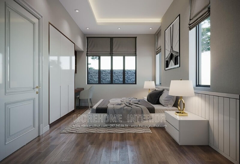 Gỗ lát sàn gỗ óc chó cao cấp kết hợp cùng thảm trải sàn đẹp mắt giúp đôi chân bạn luôn được tận hưởng những điều tốt đẹp nhất từ ngay Thiết kế nội thất phòng ngủ biệt thự