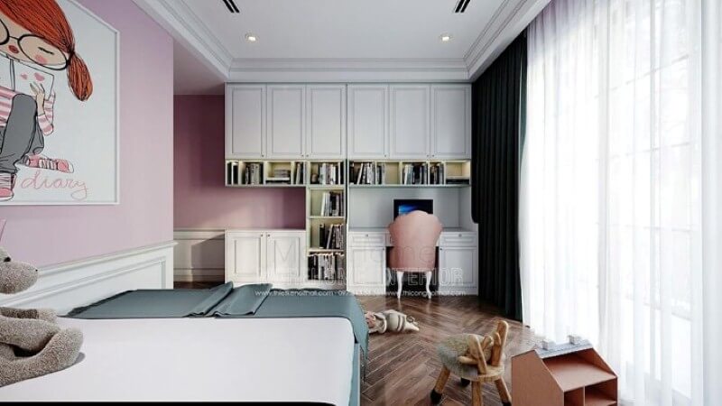 Bàn học liền kệ tủ trang trí đẹp, tiện nghi cho phòng ngủ bé gái. Thiết kế nội thất phòng ngủ biệt thự