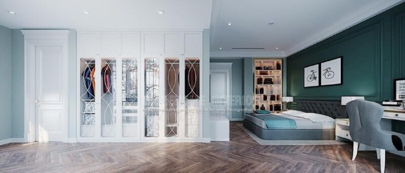 Tủ quần áo sơn trắng âm tường đẹp được bố trí âm tường khá độc đáo trong phòng ngủ. Thiết kế nội thất phòng ngủ biệt thự