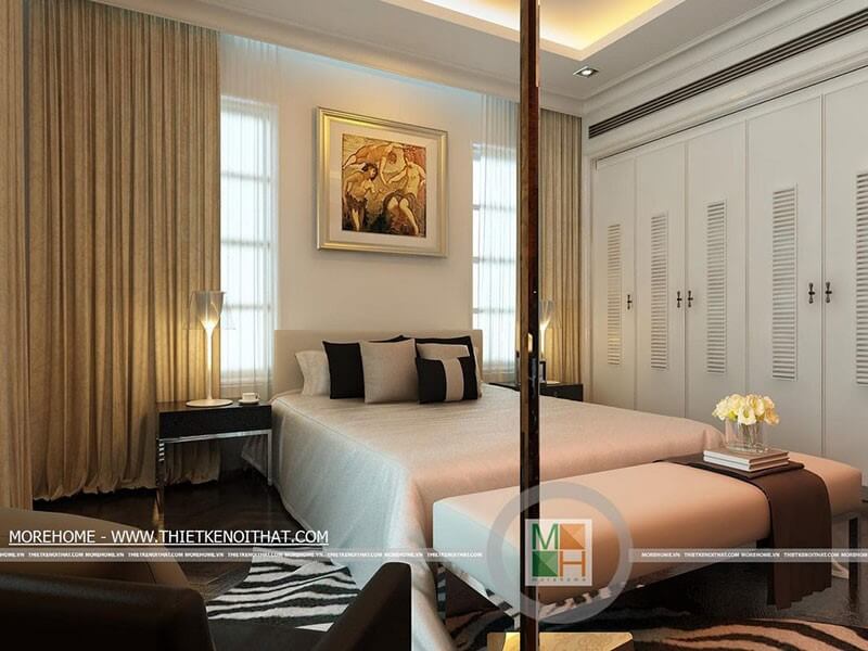 Thiết kế nội thất phòng ngủ hiện đại với tone màu trắng- nâu trầm mang lại sự hài hòa, thư giãn cho căn phòng Thiết kế nội thất phòng ngủ biệt thự