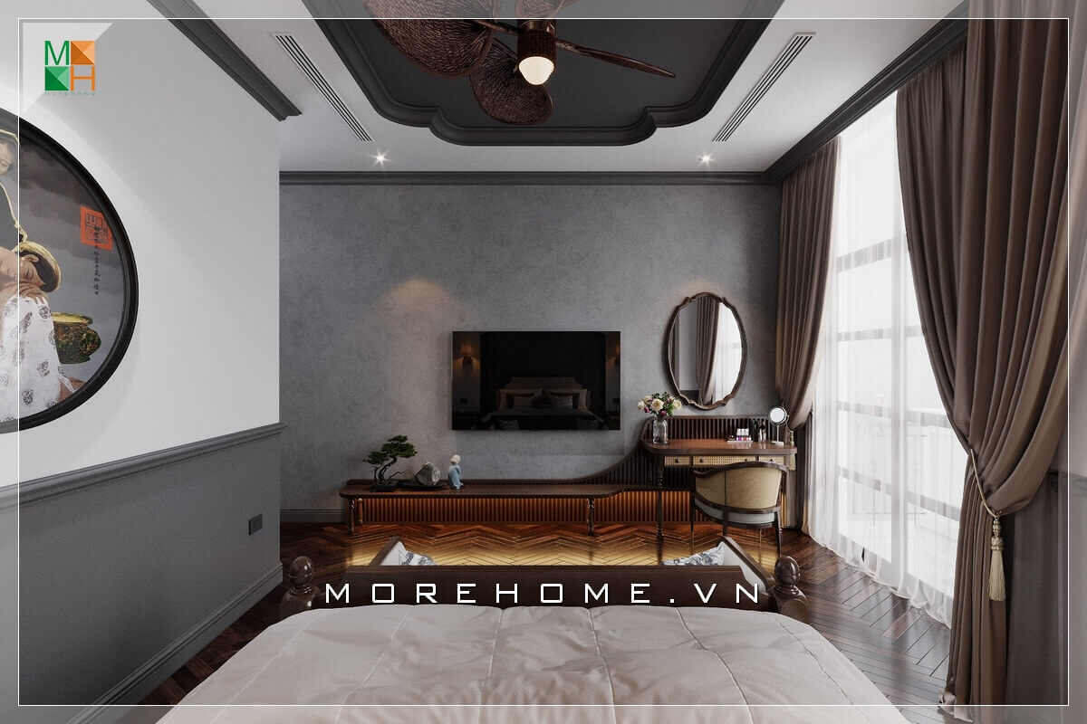 Mẫu thiết kế nội thất phòng ngủ rất tiện nghi với cách bố trí nội thất rất ấn tượng và khoa học dành cho không gian phòng ngủ chung cư, nhà phố, biệt thự,... Thiết kế nội thất phòng ngủ biệt thự