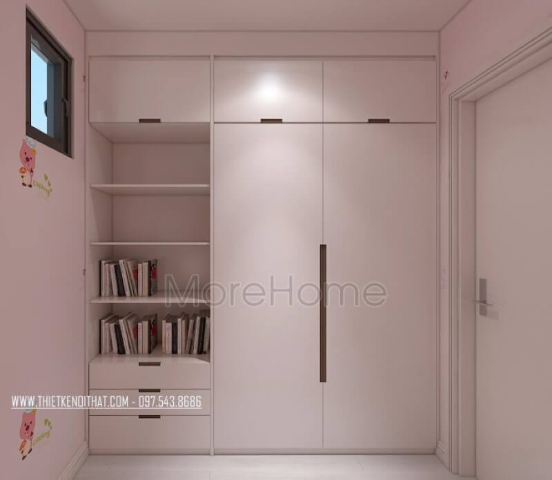 Tủ quần áo kết hợp kệ hở để sách vừa tiện dụng vừa gọn gàng cho phòng ngủ con trai. Thiết kế nội thất phòng ngủ biệt thự