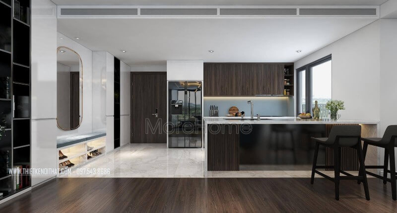 Liên thông với không gian phòng khách là không gian phòng bếp thiết kế ấn tượng Thiết kế phòng bếp, tủ bếp đẹp