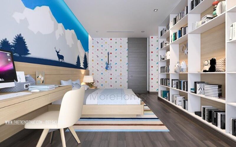 Kệ trang trí phòng ngủ con đẹp, độc đáo với thiết kế tủ kệ trang trí nhiều ngăn giúp không gian trở nên thông thoáng, đẹp mắt. Thiết kế nội thất phòng ngủ biệt thự