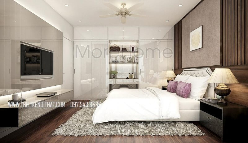Trang trí nội thất phòng ngủ master đẹp, sang trọng ấn tượng với tủ quần áo hiện đại, giường bọc nệm đương đại kết hợp cùng gỗ ốp tường gỗ óc chó cao cấp. Thiết kế nội thất phòng ngủ biệt thự