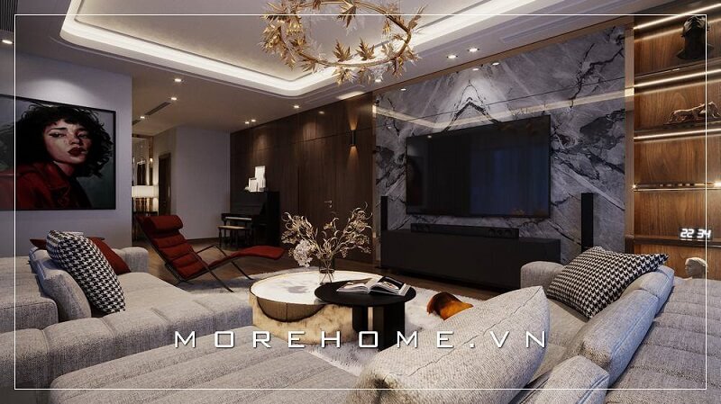 Mẫu thiết kế nội thất phòng khách hiện đại với tông màu xám chủ đạo được yêu thích tại MoreHome Thiết kế phòng khách biệt thự
