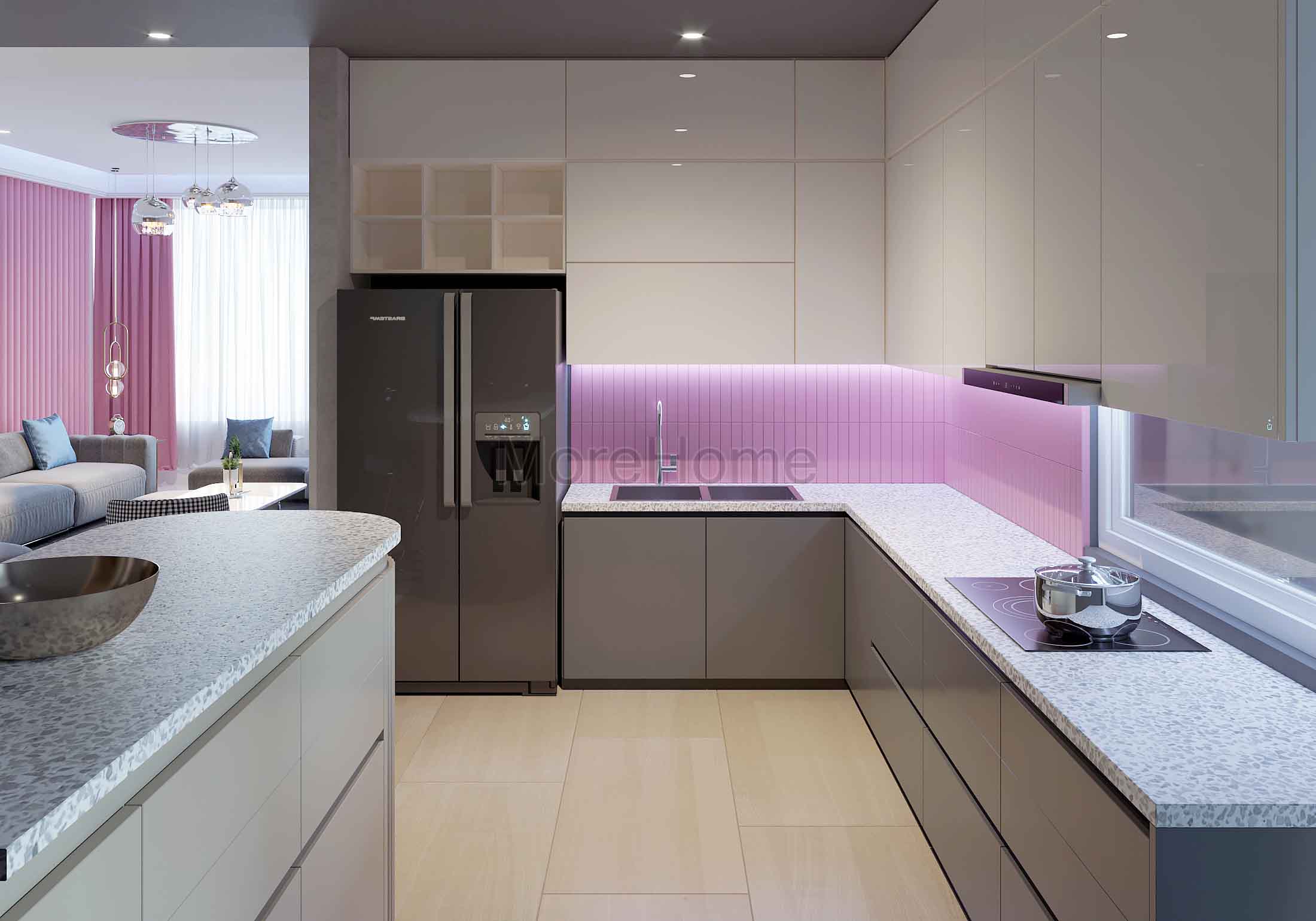 Mẫu tủ bếp gỗ màu ghi xám, mặt bếp ốp đá cao cấp tạo nên không gian bếp sạch sẽ và thoáng rộng Nội thất phòng bếp