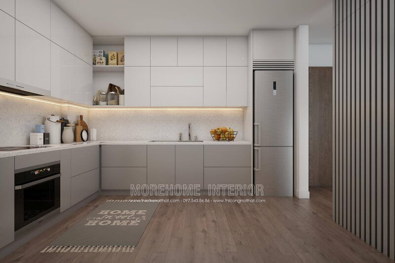Hệ thống tủ bếp trên, tủ bếp dưới thiết kế hiện đại, mang đến khu vực chứa đồ tiện nghi Tủ bếp màu trắng và màu nâu đẹp