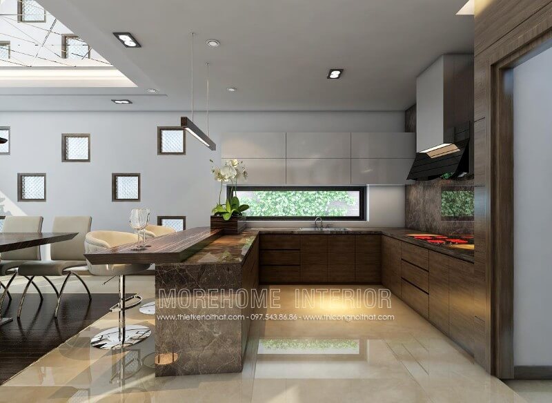 Lựa chọn gam màu óc chó trầm ấn tượng kết hợp màu trắng nhẹ nhàng, mẫu tủ bếp hiện đại tại Hải Phòng mang lại cái nhìn sang trọng và đầy tinh tế, là điểm nhấn độc đáo nổi bật cho cả ngôi nhà Thiết kế phòng bếp, tủ bếp đẹp