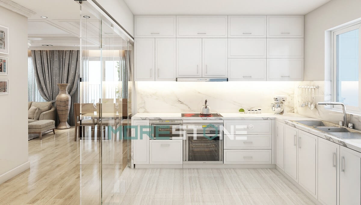 Đá trắng vân mây có độ cứng cao, chịu nhiệt tốt Thiết kế phòng bếp, tủ bếp đẹp