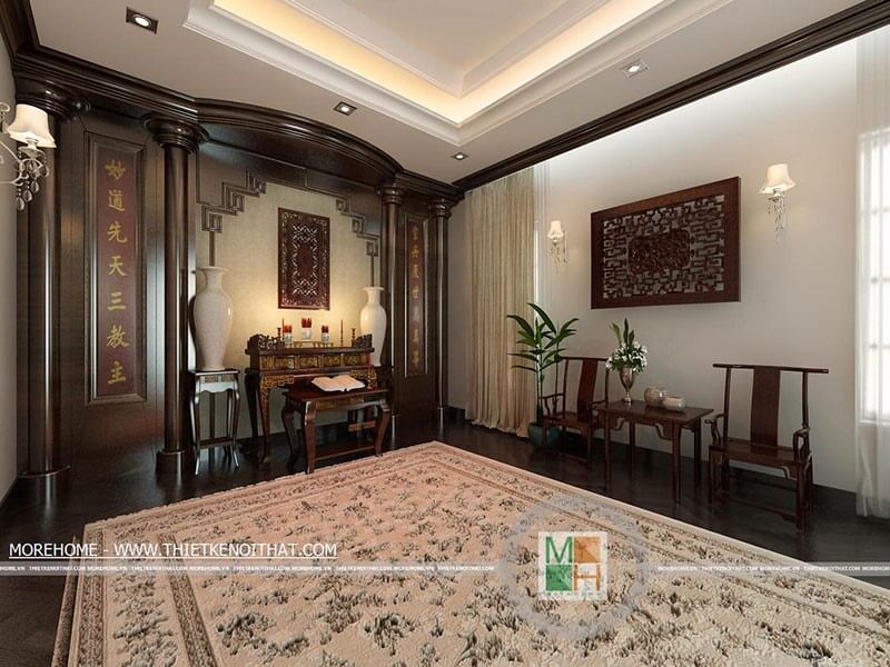 Thiết kế không gian phòng thờ rộng với nội thất gỗ tự nhiên cao cấp, thể hiện sự tôn kính ở chốn linh thiêng Mẫu thiết kế nội thất biệt thự đẹp