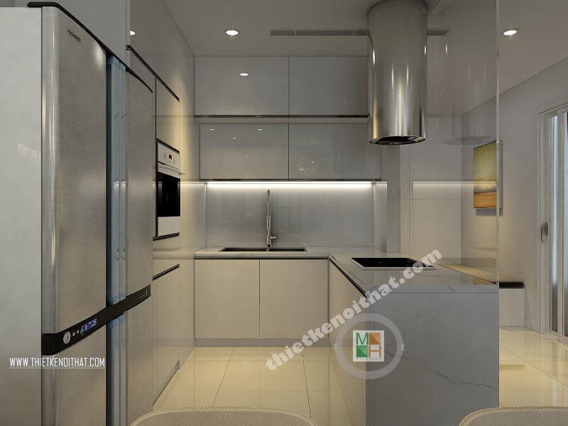 Thiết kế phòng bếp chung cư đẹp với hệ tủ bếp acrylic màu trắng kết hợp bàn đảo ốp đá nhân tạo mang đến vẻ đẹp sang trọng và đẳng cấp cho căn bếp gia đình bạn Thiết kế chung cư