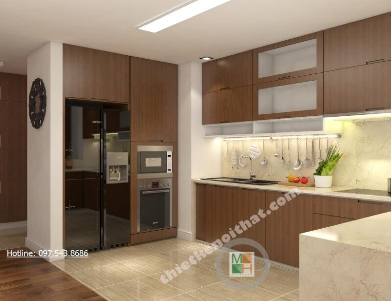 Tủ bếp đẹp kết hợp tủ bát và kệ gia vị đem đến một phòng bếp đầy đủ công năng Tủ bếp đẹp, sang trọng và đẳng cấp