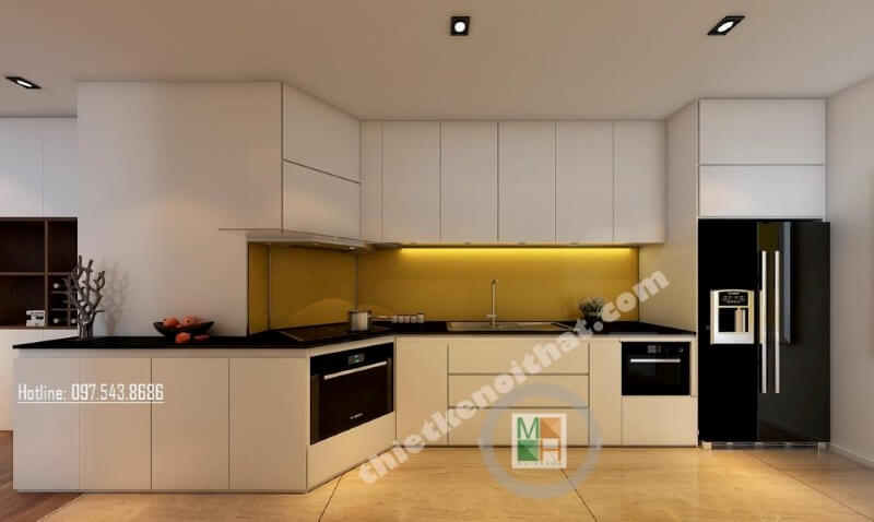 Lựa chọn 2 tone màu đen và trắng đóng vai trò chủ đạo, mẫu thiết kế nội thất phòng bếp chung cư mang lại cảm giác sang trọng và tinh tế hơn bao giờ hết Thiết kế nhà bếp tiện nghi