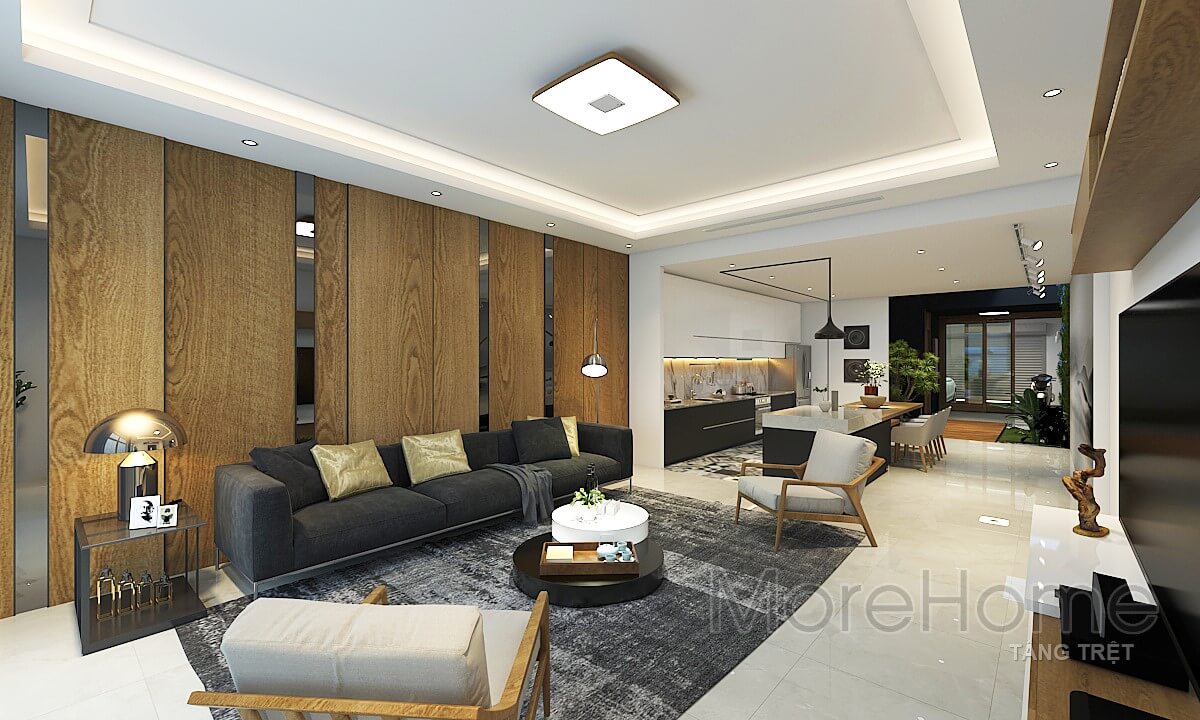 Thiết kế nội thất phòng khách với nội thất gỗ đẹp sang trọng tại nhà phố VinCom Thiết kế phòng khách nhà phố