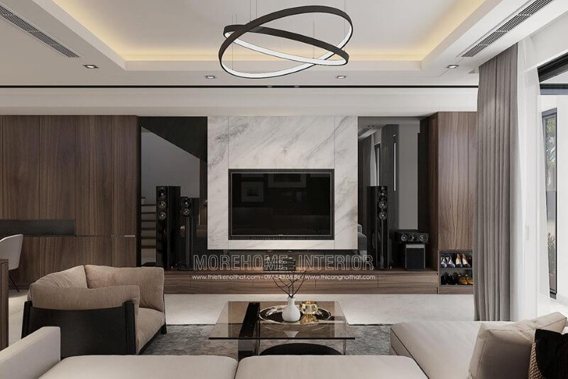 Trang trí phòng khách hiện đại đẹp ấn tượng với đá ốp tường điểm nhấn Thiết kế phòng khách nhà phố