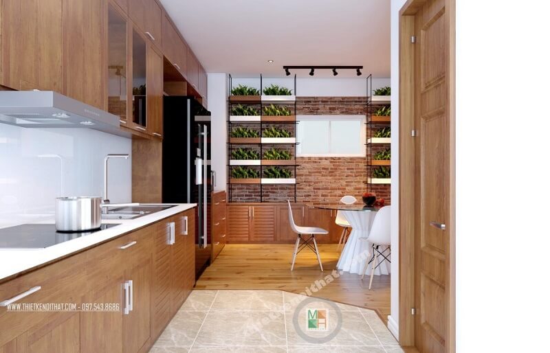 Thiết kế phòng bếp khá nhỏ tuy nhiên lại có lợi thế mở vì có của hướng ra sân trời nên không hề gây ra cảm giác bí bách và khó chịu Thiết kế phòng bếp