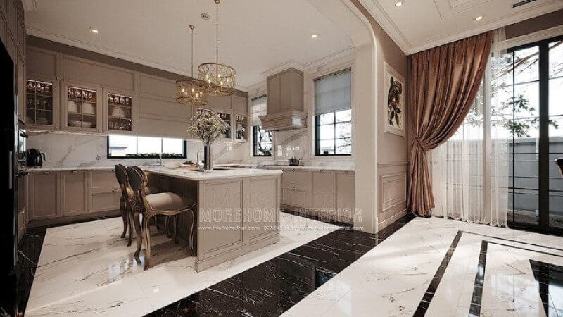 Mẫu tủ đảo bếp gỗ tự nhiên gam màu nâu nhạt kết hợp cùng đá ốp lát tạo nên vẻ đẹp nhẹ nhàng, thanh lịch nhưng không kém phần sang trọng tại biệt thự cao cấp Hải Phòng. Thiết kế phòng bếp