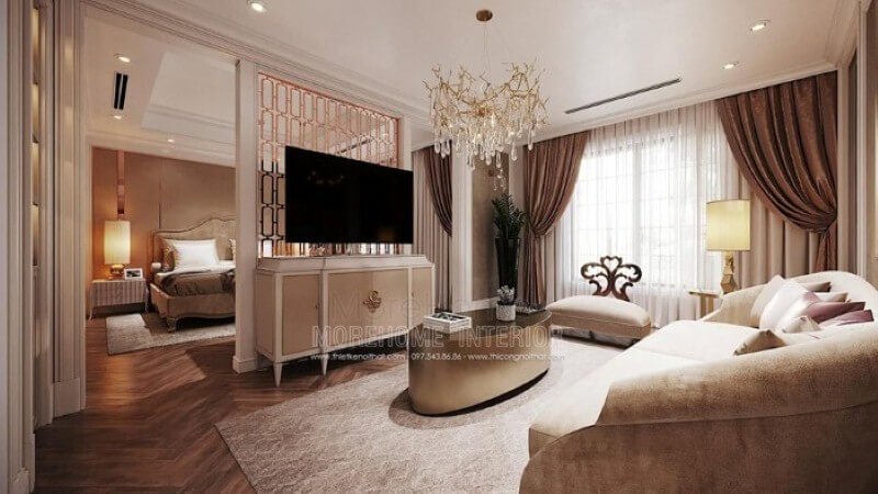 Sắp xếp nội thất phòng ngủ master có không gian giải trí đẹp, sang trọng. Thiết kế phòng ngủ biệt thự
