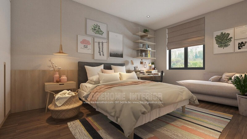 Gạch giả gỗ ốp tường cùng cách thiết kế hiện đại, độc đáo đã tạo nên phòng ngủ trẻ trung, sinh động. Thiết kế phòng ngủ biệt thự