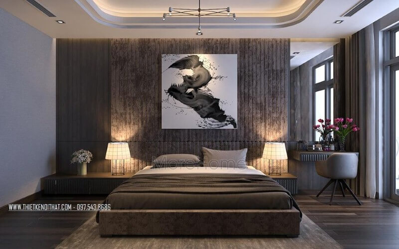 Tranh canvas nghệ thuật tạo điểm nhấn độc đáo cho phòng ngủ master hiện đại. Thiết kế phòng ngủ biệt thự