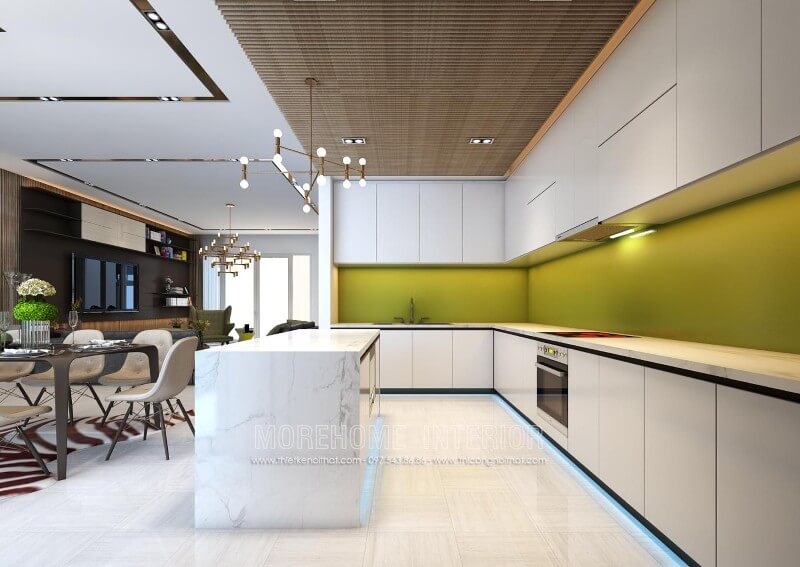 Mẫu thủ bếp gỗ Acrylic được thiết kế kịch trần, màu trắng tinh tế cũng là gam màu được lựa chọn chủ đạo tạo sự thoáng đãng cho không gian căn bếp Thiết kế và sản xuất tủ bếp đẹp